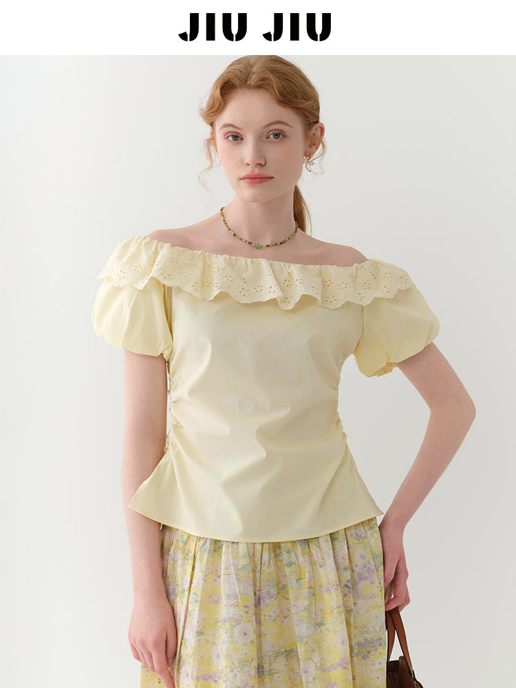 Side-Gathered Off-Shoulder Bubble Sleeve Blouse
