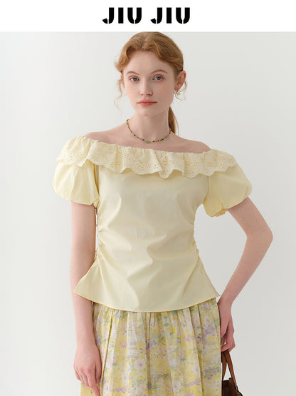 Side-Gathered Off-Shoulder Bubble Sleeve Blouse
