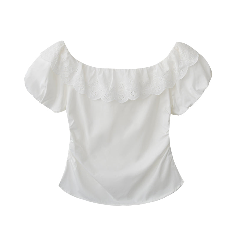 Side-Gathered Off-Shoulder Bubble Sleeve Blouse