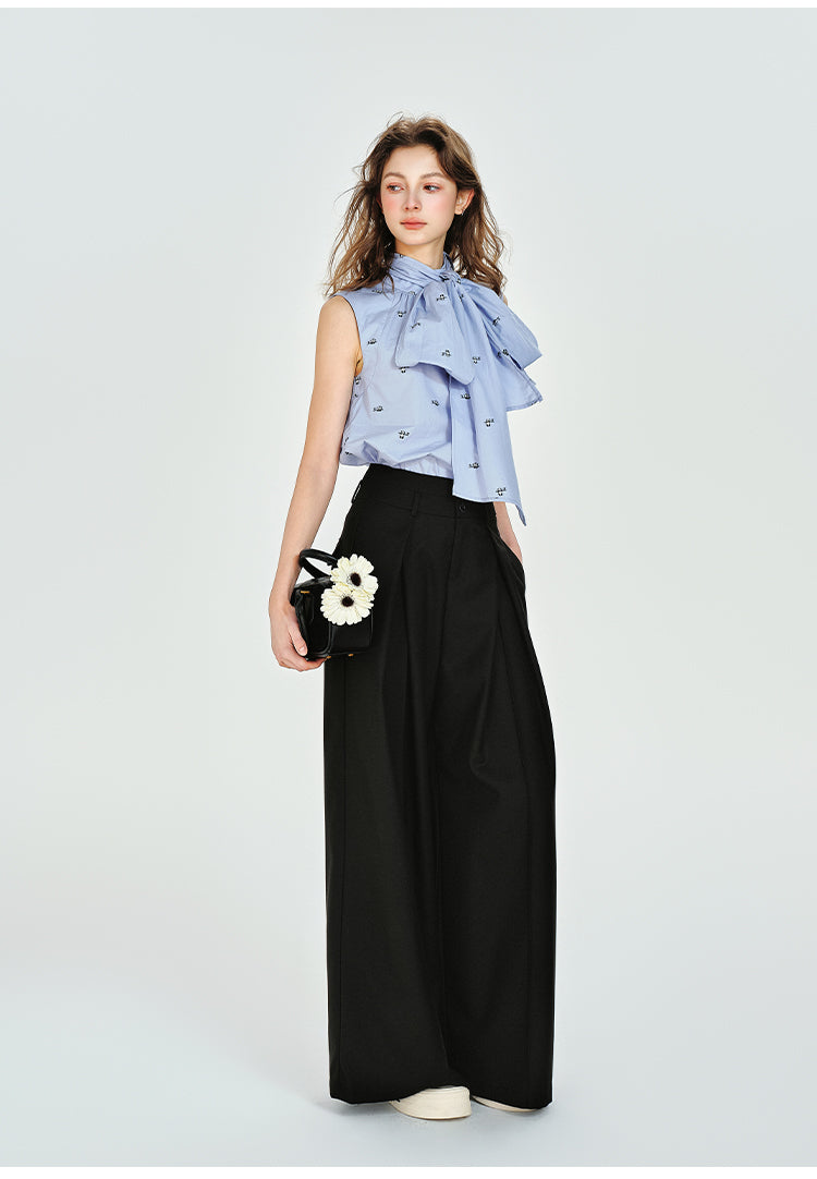 Floor-Length Draped Wide-Leg Tuck Pants