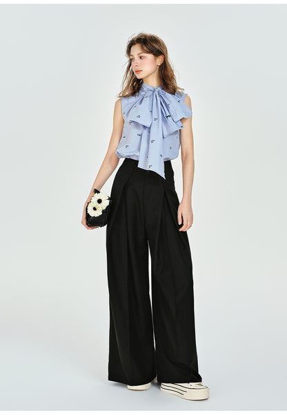 Floor-Length Draped Wide-Leg Tuck Pants