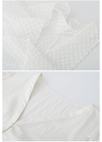 Puff-Sleeve Collarless Blouse With Ruched Front