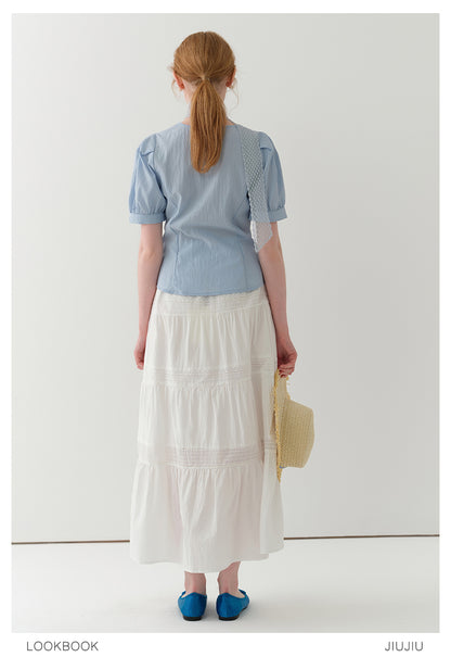 Puff-Sleeve Collarless Blouse With Ruched Front