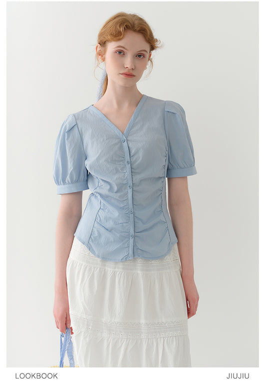 Puff-Sleeve Collarless Blouse With Ruched Front