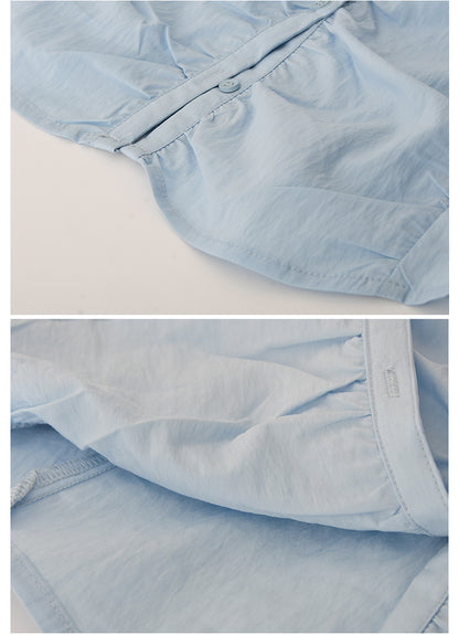 Puff-Sleeve Collarless Blouse With Ruched Front