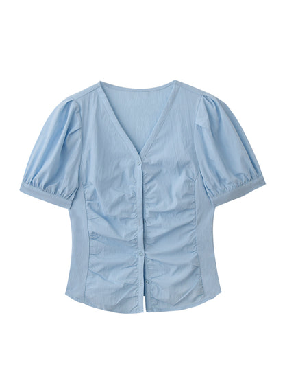 Puff-Sleeve Collarless Blouse With Ruched Front