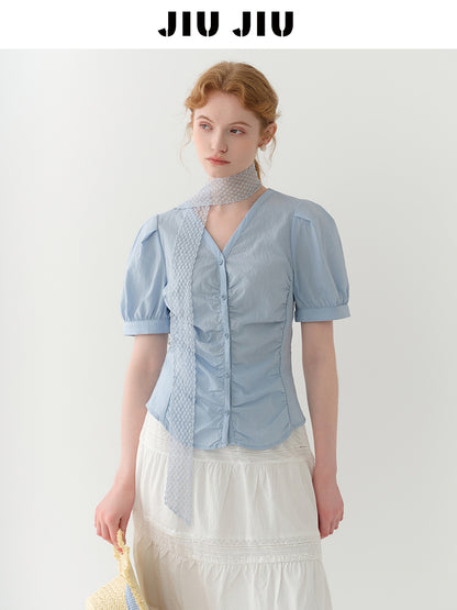 Puff-Sleeve Collarless Blouse With Ruched Front