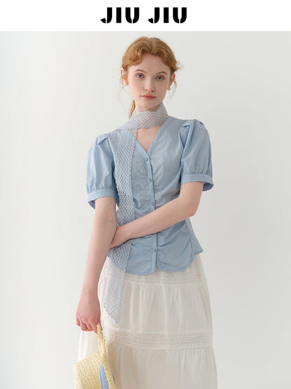 Puff-Sleeve Collarless Blouse With Ruched Front