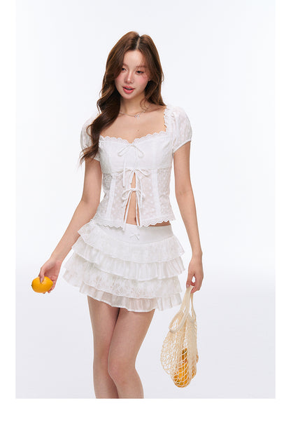 Square-Collar Puff-Sleeve Embroidered Blouse