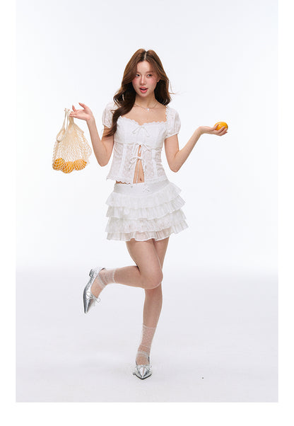 Square-Collar Puff-Sleeve Embroidered Blouse