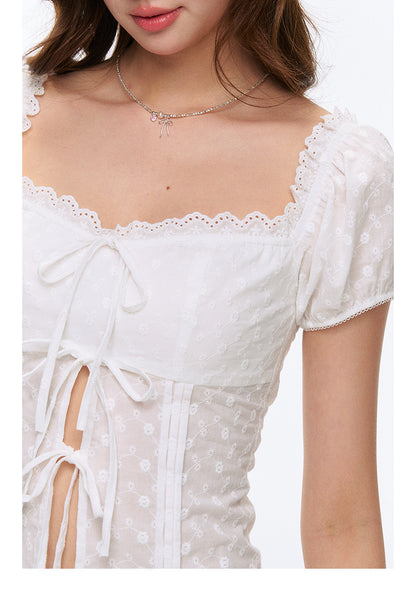 Square-Collar Puff-Sleeve Embroidered Blouse