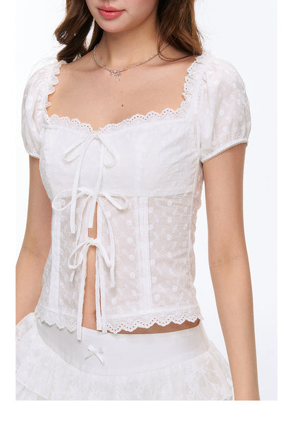 Square-Collar Puff-Sleeve Embroidered Blouse