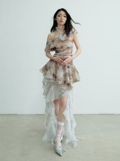 Asymmetric Draped One-Shoulder Printed Top