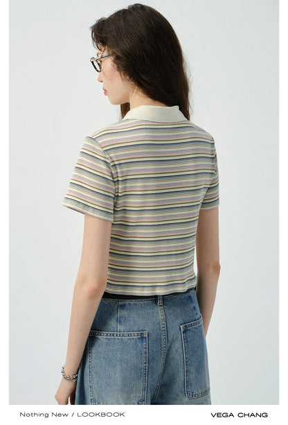 Striped Collared Lace-Up Top