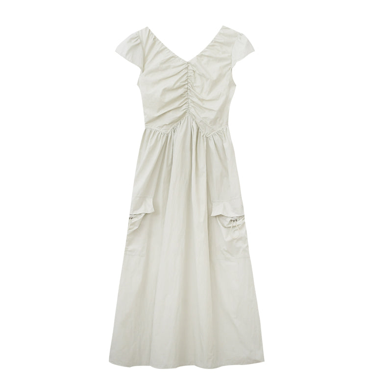 Gathered Puff-Sleeve Dress With Drawstring Pockets