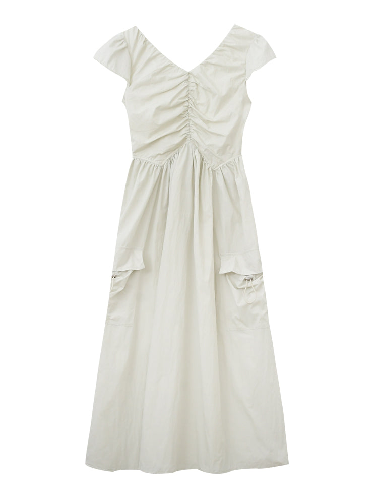 Gathered Puff-Sleeve Dress With Drawstring Pockets