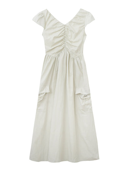 Gathered Puff-Sleeve Dress With Drawstring Pockets