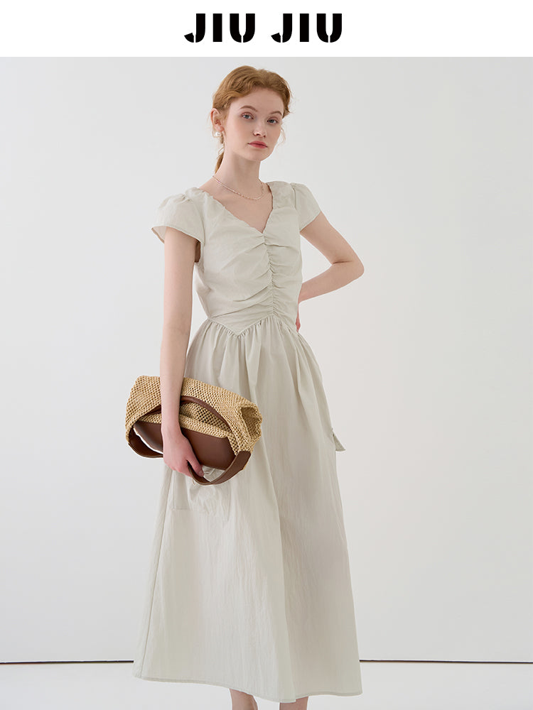 Gathered Puff-Sleeve Dress With Drawstring Pockets