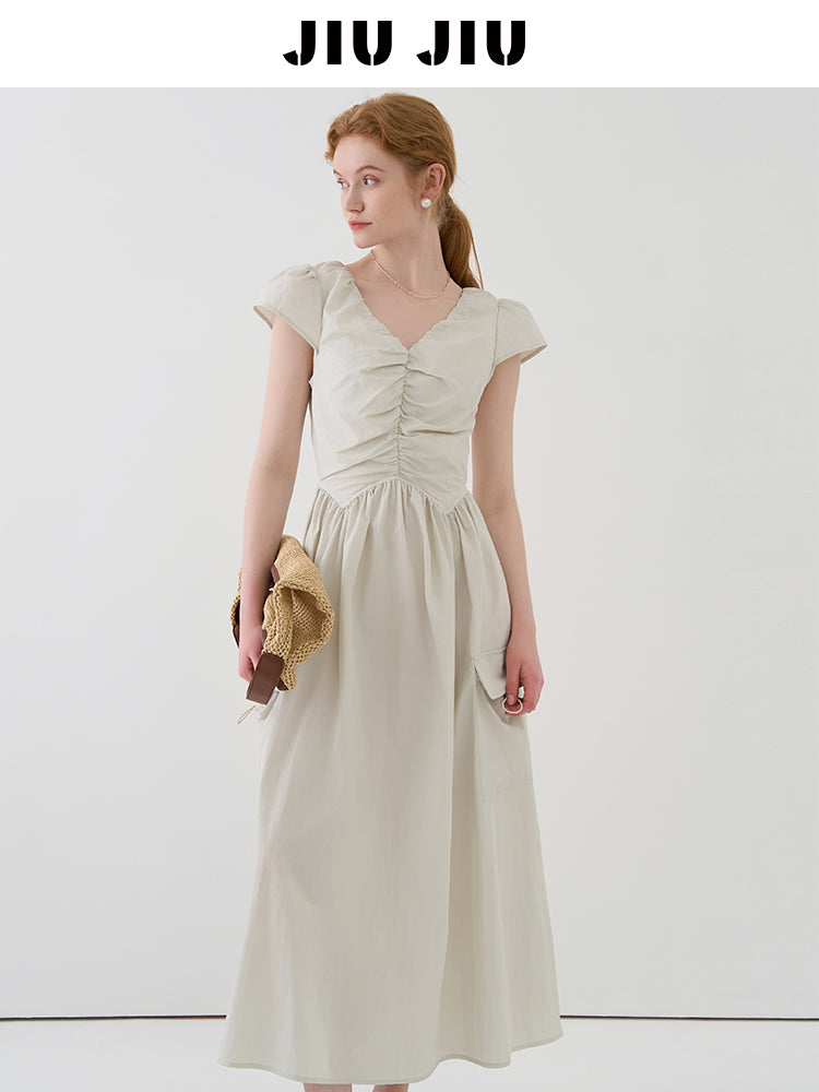 Gathered Puff-Sleeve Dress With Drawstring Pockets