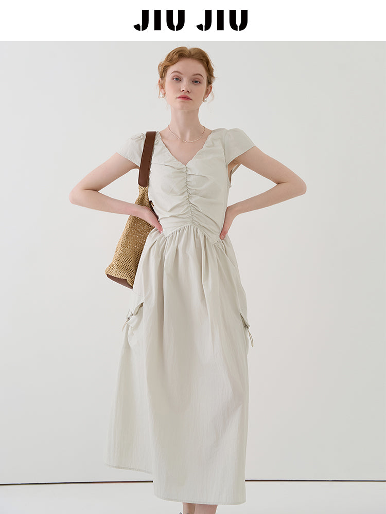 Gathered Puff-Sleeve Dress With Drawstring Pockets