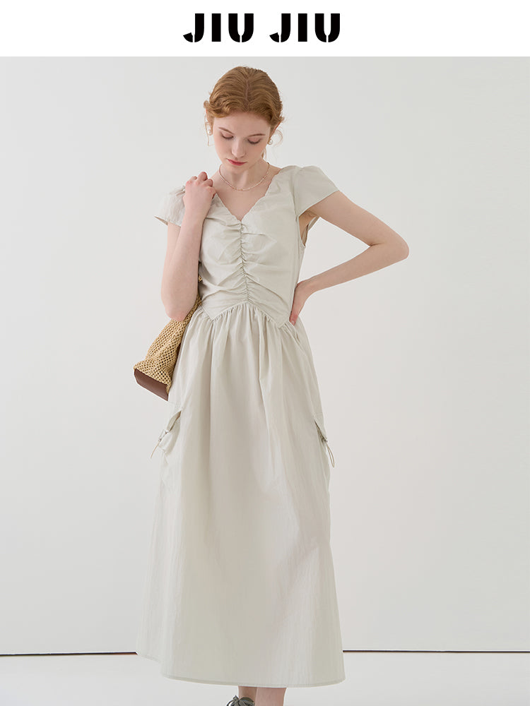 Gathered Puff-Sleeve Dress With Drawstring Pockets