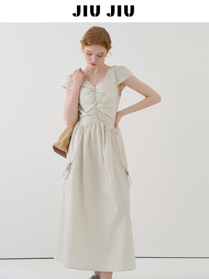 Gathered Puff-Sleeve Dress With Drawstring Pockets