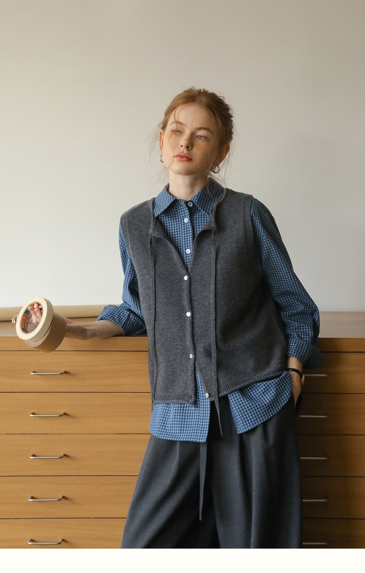 Buttoned Wool Vest With Tie Neck