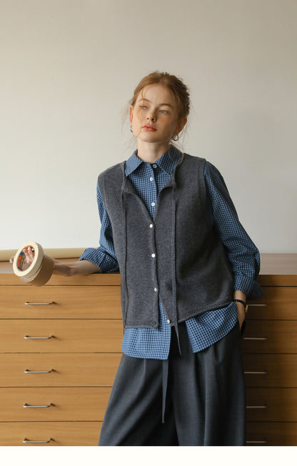 Buttoned Wool Vest With Tie Neck