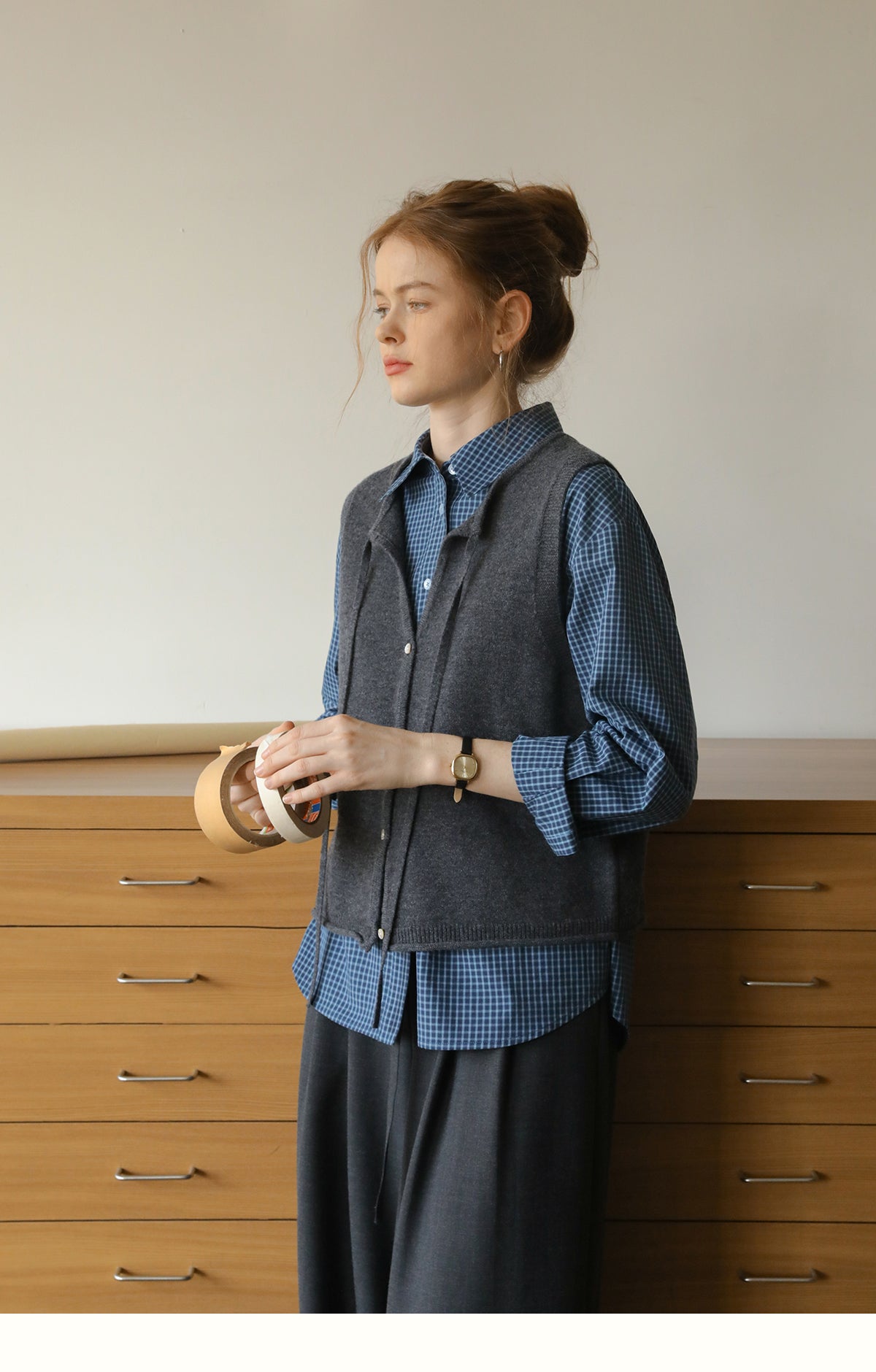 Buttoned Wool Vest With Tie Neck