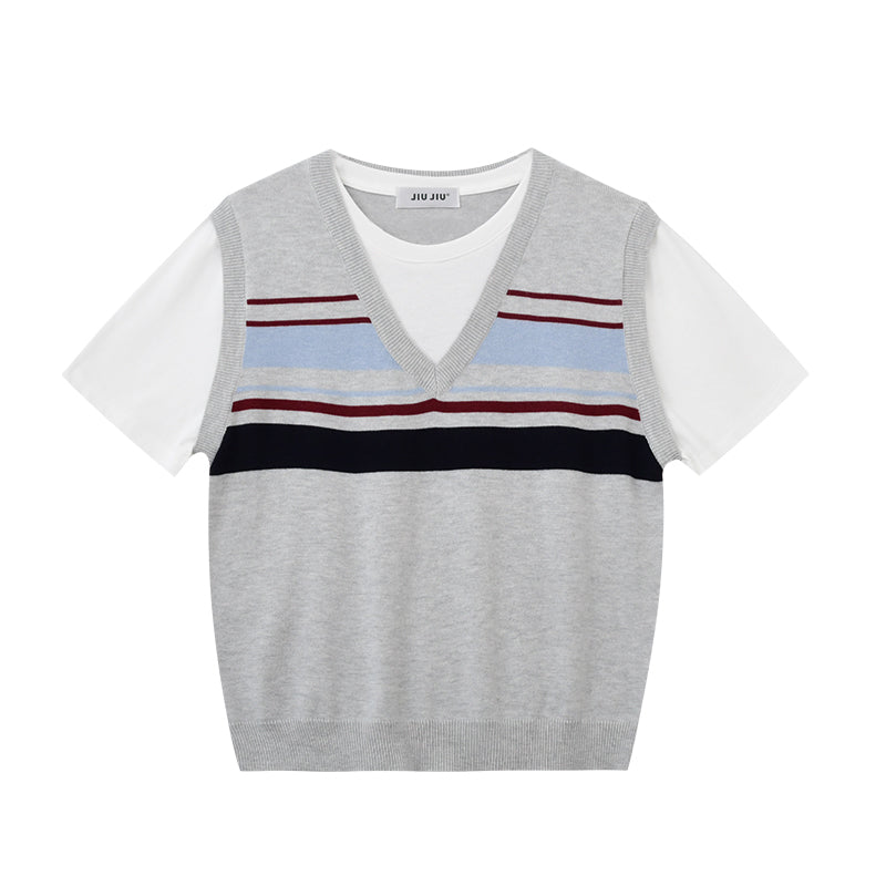 Faux Layered Striped Vest Tee
