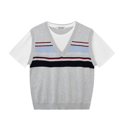 Faux Layered Striped Vest Tee