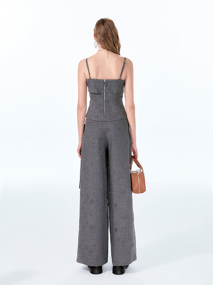Rose-Embossed Foldover Camisole And Wide-Leg Pants