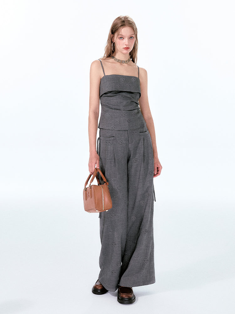 Rose-Embossed Foldover Camisole And Wide-Leg Pants