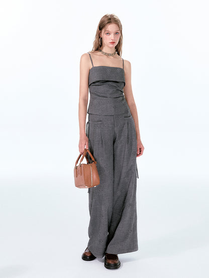 Rose-Embossed Foldover Camisole And Wide-Leg Pants
