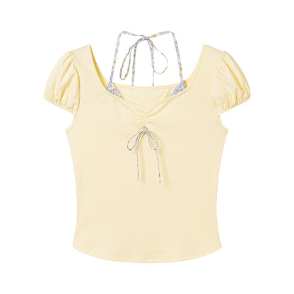 Short Puff-Sleeve Top With Halter Strap
