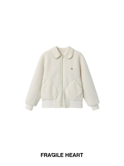 Faux Sheepskin Zip-Up Top With Peter Pan Collar