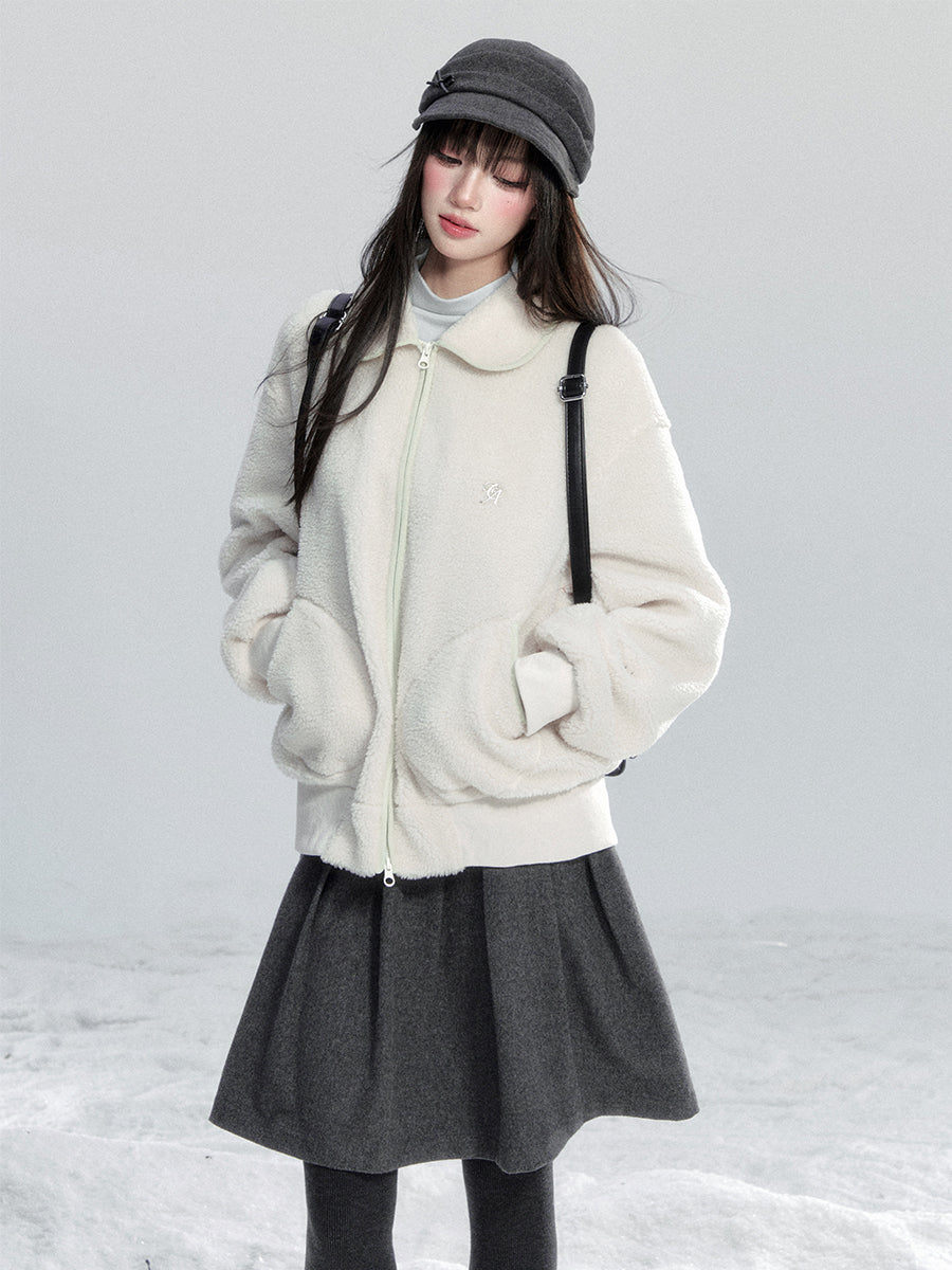 Faux Sheepskin Zip-Up Top With Peter Pan Collar