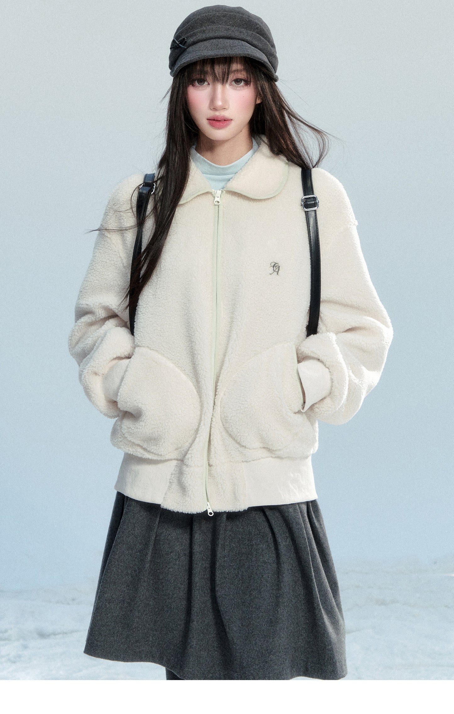 Faux Sheepskin Zip-Up Top With Peter Pan Collar