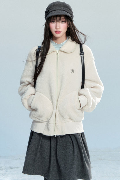 Faux Sheepskin Zip-Up Top With Peter Pan Collar