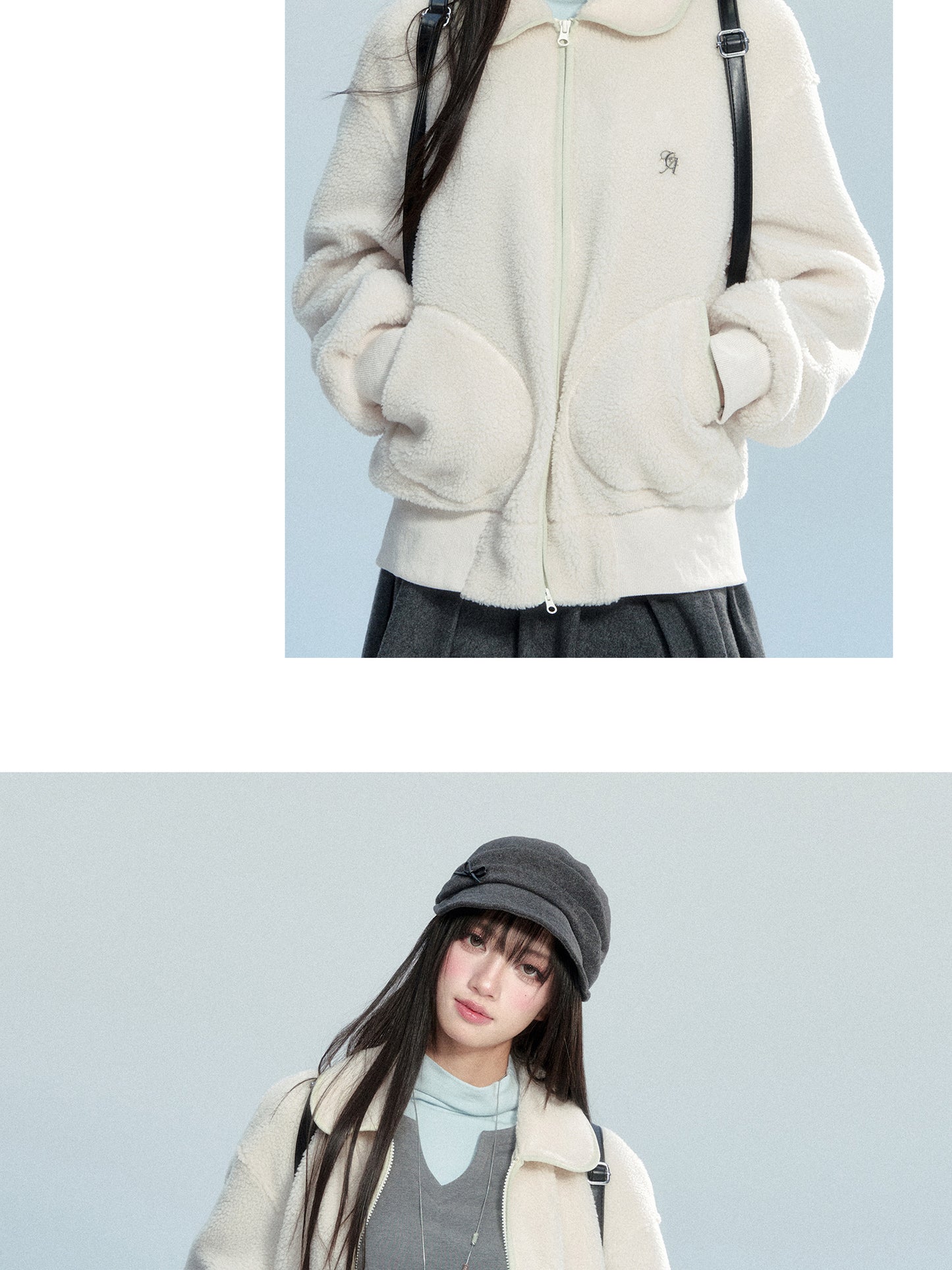 Faux Sheepskin Zip-Up Top With Peter Pan Collar