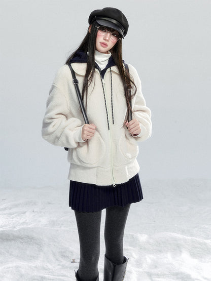 Faux Sheepskin Zip-Up Top With Peter Pan Collar