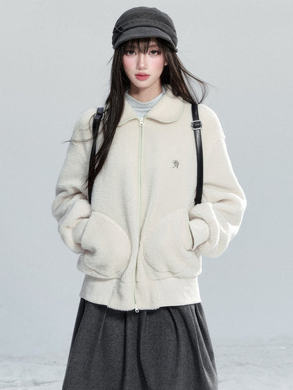 Faux Sheepskin Zip-Up Top With Peter Pan Collar