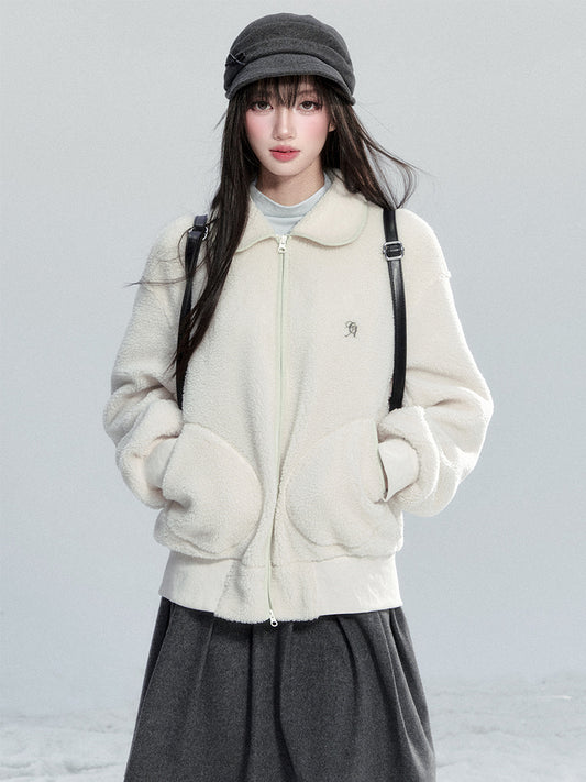 Faux Sheepskin Zip-Up Top With Peter Pan Collar