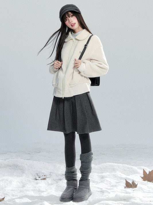 Faux Sheepskin Zip-Up Top With Peter Pan Collar