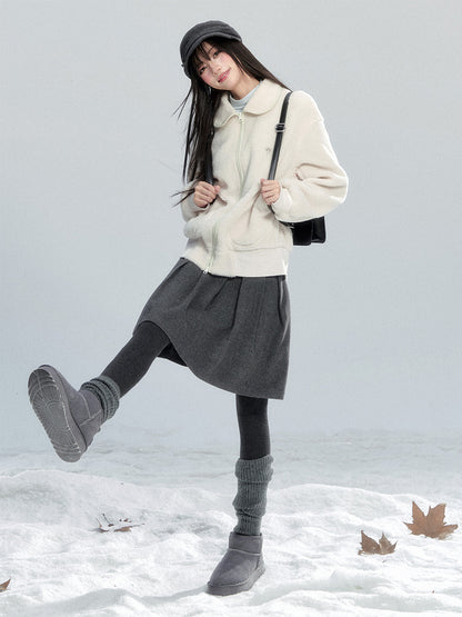 Faux Sheepskin Zip-Up Top With Peter Pan Collar