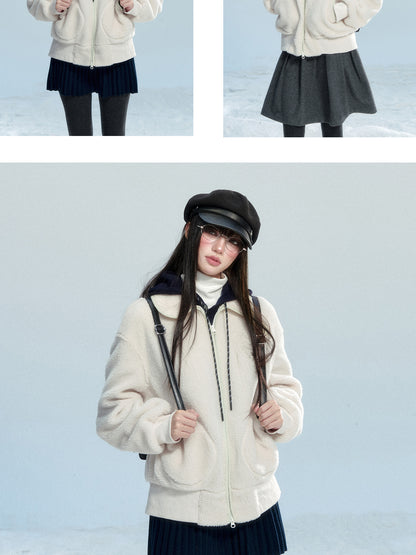 Faux Sheepskin Zip-Up Top With Peter Pan Collar