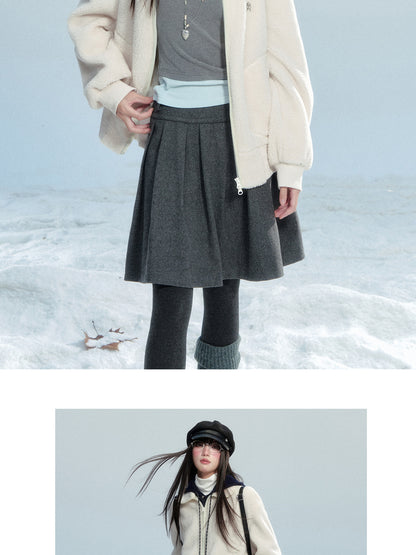 Faux Sheepskin Zip-Up Top With Peter Pan Collar