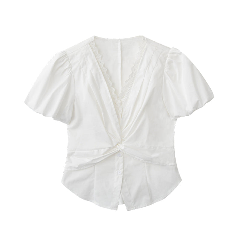 Lace-Detail Bubble Sleeve Knotted Blouse