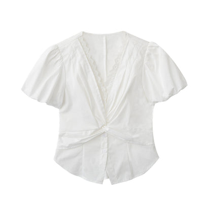 Lace-Detail Bubble Sleeve Knotted Blouse
