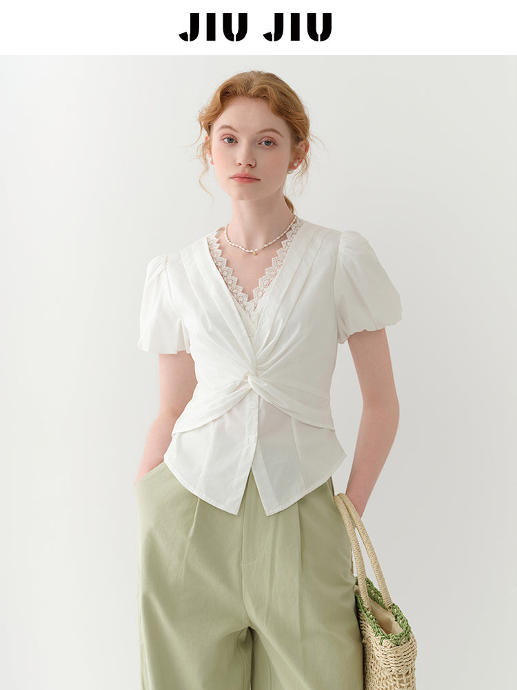 Lace-Detail Bubble Sleeve Knotted Blouse